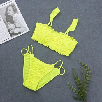 Sexy Neon Plavky Plážové Vyhovovali Ryby Smocked Bandeau Bikini Set Plavky Prehrabať Remeň Čalúnená Ženy, Plavky, Plážové Oblečenie 2019