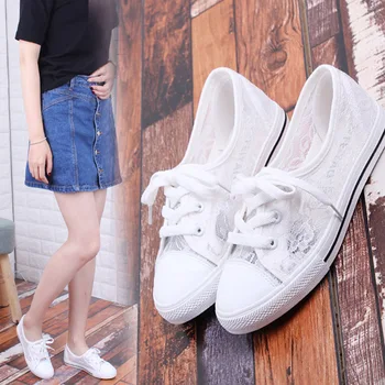 Letné krajky-up priedušná čipky biele topánky žena kórejský bežné duté dámske topánky