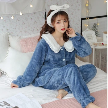 Sleepwear nové Zimné Flanelové teplé pyžamo kórejský kawaii Pajama Nastaviť Módne pijama mujer Voľný čas Doma Handričkou pyžamá ženy 2KS