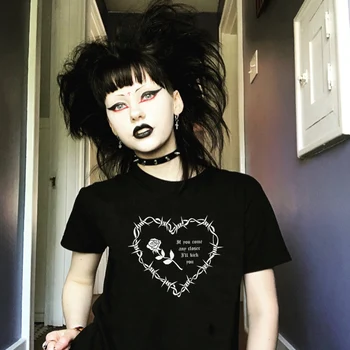 Ostnatý Drôt Srdce Streetwear Gotický T-Shirt Ženy Punk Móda Grunge Estetické Grafické T Košele, Ženské Roztomilý Harajuku Goth Topy