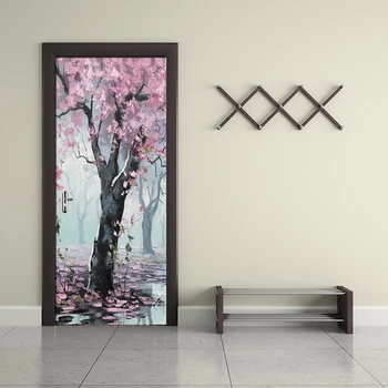 Nálepky Na Dvere Samolepiace Čerešňový Kvet Stromu Tapiet Na Dvere Diy Print Art Obraz Domova Nástenná Maľba Šatník Odtlačkový