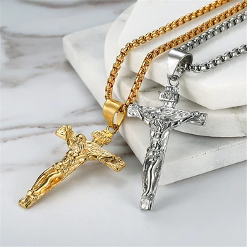 Náboženské Ježiša Krista na Kríži Náhrdelník Prívesok pre Ženy/Mužov Zlatá Farba Nehrdzavejúcej Ocele Kríž, Náhrdelníky Mužov Christian Šperky