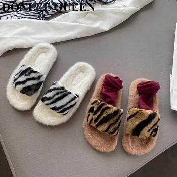 2020 Nové Kožušiny Papuče Ženy Plyšové Teplé Vnútorné Posuňte Značky Zimné Topánky, Vonkajšie Papuče Zebra Vzor Flip Flops Zapatos De Mujer