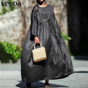 Maxi Šaty 2021 VONDA Ženy Bežné Pevné Skladaný Tričko Voľné Šaty s Dlhým Rukávom Posádky Krku Vestidos Femme Jeseň Dlhý Župan
