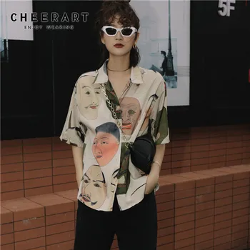 CHEERART Japonský Streetwear Ukiyoe Tlač Letná Blúzka Ženy 2020 Muchárik Tlačidlo Hore Tričko Krátky Rukáv Top A Blúzky, Oblečenie