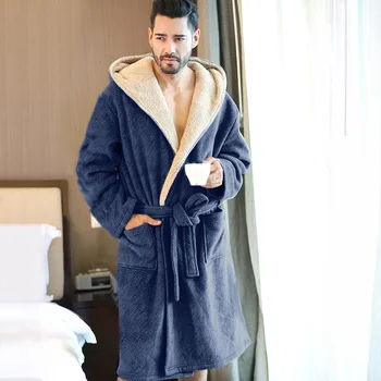 2020 Značky Zimné Šaty pánske Soft Hooded Flannel Župany Muž Pohodlie Šedá Koleno Dĺžke Doma v Teple župane