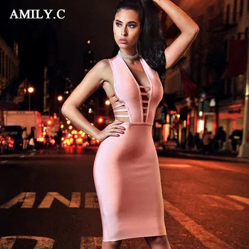 Amily.c 2020 Nové Jarné Ženy Obväz Šaty V Krku Sexy Bodycon Duté Von Šaty Elegantné Celebrity Strany Ružové Šaty Vestidos