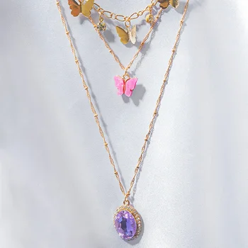 Móda Multi-layer Retro Fialová Crystal Prívesok Motýľ Náhrdelníky Pre Ženy Reťaz Na Krku Nové Choker Náhrdelník Šperky