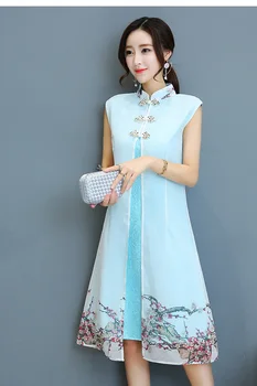 Čínsky Štýl, Slivky Kvetina Tlače Šifón Šaty Žien Faux Twinset Mandarin Golier Cheongsam Župan Vestido Vintage Šaty