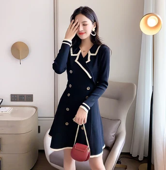 Nové 2020 Dráhy kórejskej ženy Pletené high-end Šaty Sladké Pulóver Sveter tlačidlá Chudnutie Elegantný retro šaty vestidos