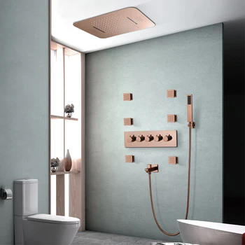 M Boenn Luxusné Rose Gold LED Sprcha Systém Hudba ShowerHead Kúpeľňa Kohútikov Daždi Nastaviť Termostatické Mosadz Skryté Zmiešavač
