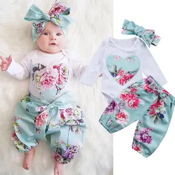 3ks Novorodenca Dievča Oblečenie s dlhým rukávom Romper +kvetinový Dlhé Nohavice +hlavový most Oblečenie oblečenie nastavenie 0-24m