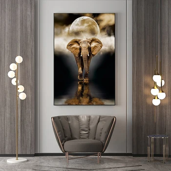 Mesiac Slon Umelecké Plátno Tlačiť Maľovanie Voľne Žijúcich Zvierat Na Stenu Obrázok, Morden Obývacia Izba Domáce Dekorácie Plagát