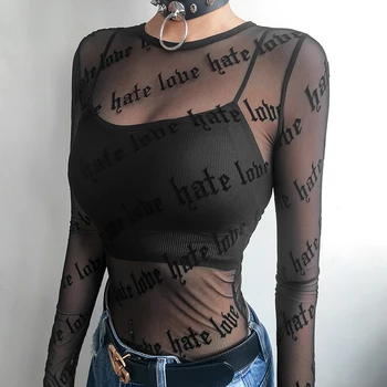 Rapwriter Sexy Čierne Duté Von List Vytlačiť T-Shirt Chudá Oka Hornej 2020 Módne Letné Základné Topy Pre Ženy Transparentný Top