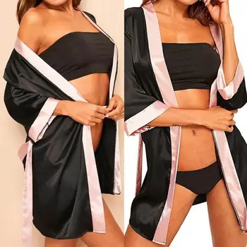 Ženy Imitácia Hodvábu Sexy Krátka Kimono Župan Colorblock Nevesta Svadobné Party Otvoriť Predné Župan Nightgown s Pásom Pánty