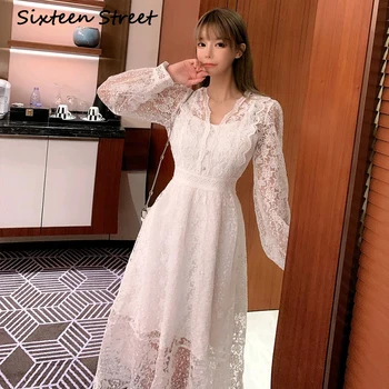 Nové Biele Čipky tvaru Šaty Žena Jeseň Jar Dlhý Rukáv Elegantné Party Vestido Žena Vintage Šaty Dámske Oblečenie 2021
