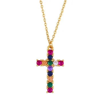 Ailodo Luxusné Rainbow CZ Kríž Náhrdelník Prívesok Pre Ženy, Zlatá Farba s Dlhým Reťazcom Kríž Náhrdelník Collier Módne Šperky 20MAY32-6