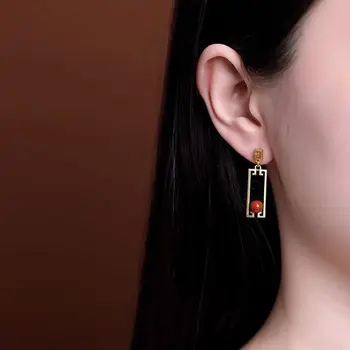 Mincový striebro vykladané prírodné južnej červený achát náušnice Čínskom štýle retro obdĺžnikových geometrie jedinečné dámske šperky značky