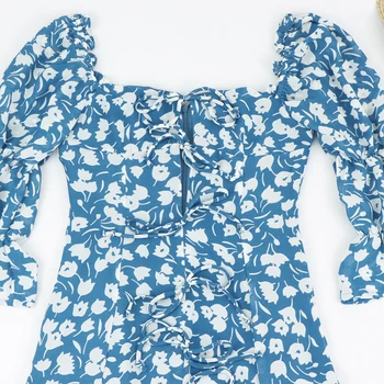 Letné Ženy bežné midi šaty kvetina tlače luk dekorácie Slim šaty Split vestido Vintage Blue Elegantné Centrum Obväz Šaty