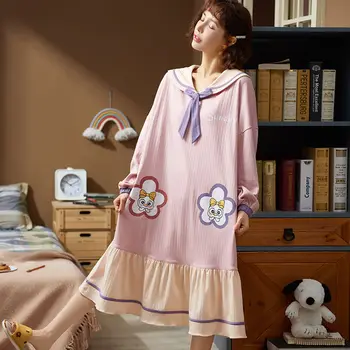 Ženy Nightgowns Voľné Vytlačené Plus Veľkosti 4XL Cartoon Kawaii kórejský Peter Pan Golier Volánikmi Bežné Dámske Sleepshirts Štýlové