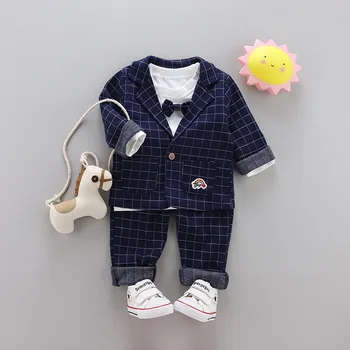 Baby Boy Jar Jeseň Oblečenie Set sa Klasický Kockovaný Luk Gentleman 3ks Vyhovuje Deti Chlapci Pekný Oblečenie Sady