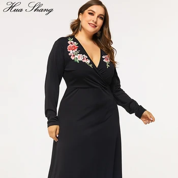 Plus Veľkosť Šaty Black 2019 Jar Jeseň Ženy V Krku Dlhý Rukáv, Výšivky, Kvetinové Pevné Bežné Maxi Šaty Dámske Dlhé Šaty