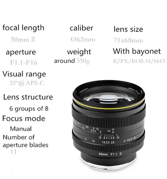 Objektív Kamlan 50mm F1.1-F16 II APS-C Veľké Clony, Manuálny Focus Objektív pre Fotoaparáty Sony NEX 8 prvkov v 6 skupinách