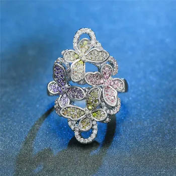 Luxusné Žena White Crystal Kamenný Kruh Elegantná Strieborná Farba Veľké Snubné Prstene Pre Ženy Kúzlo Dúhy Zásnubný Prsteň Motýľ