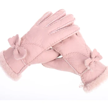 Lady prírodnej ovčej rukavice Ženy kožušinové rukavice luk plus velvet zahusťovanie zime tepelné bavlnené rukavice žena