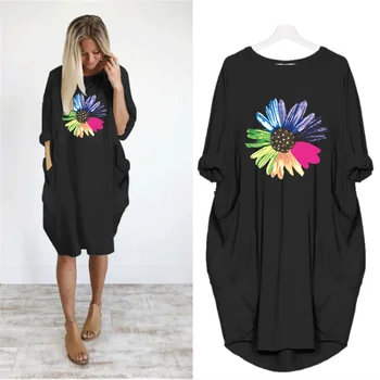 Plus Veľkosť Ženy Šaty Slnečnice Tlač Roztomilé Kvety Vrecku Príležitostné Voľné Vintage Strana, M-5XL Oblečenie Womans Šaty 2020 Čierna