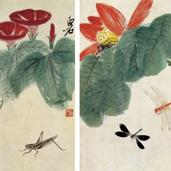 Majster moderné Čínske umenie Qi Baishi klasické práce 6 kusov 41.3X208.4cm Kvety a vtáky Cordyceps 1:1 múzeum kópia