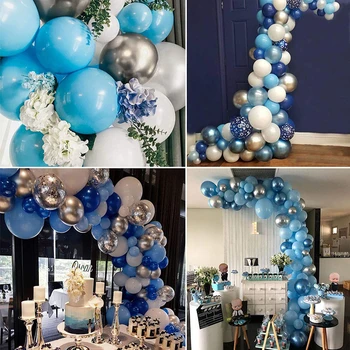 100 Ks Vysoko Kvalitné Hrubé Biela Strieborná Modrá Farba Balón Nastaviť Latexový Balón Svadby, Narodeniny Obrad Party Dekorácie