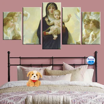 Panna Mária, Ježiš Wall Art Náboženské Olej, Plátno, Maľovanie Plagátu 5 Panel HD Tlač Domova Nástenné Maľby