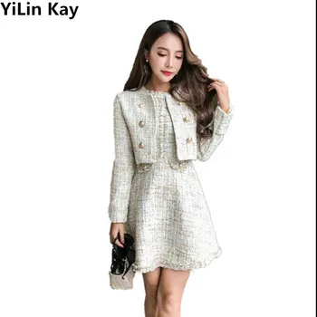 YiLin Kay 2021 jeseň zima tweed dva kusy súpravy oblečenie žien, dlhý rukáv zlato tlačidlo tweed kabát mini vesta šaty a obleky
