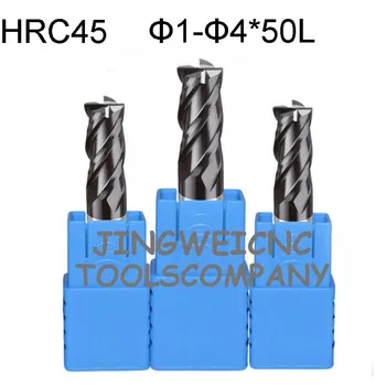 HRC45 Karbidu konci mlyn 1.0, 1.5,2.0,2.5,3.0,3.5,4.0,4.5 mm s 50 mm celková dĺžka povlak Tialn