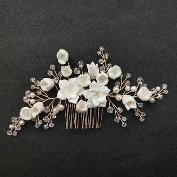 SLBRIDAL Ručné Crystal Drahokamu Perly Keramické Kvetinové Svadobné Svadobné Vlasy Česať Vlasy Kolíky Nálepky Družičky Ženy Šperky