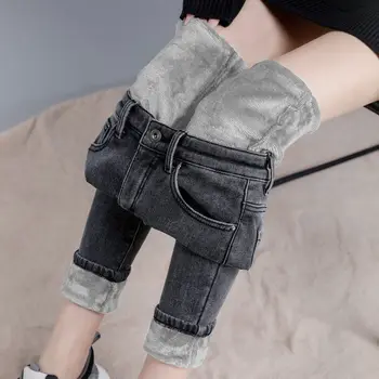 2020 Zimné Dámske ležérne úsek slim džínsy vlnené nohavice čierna šedá robustný, teplé dievčenská škola tepláky beží vysoký pás