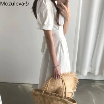Mozuleva Vintage Puff-rukáv Štíhly Pás Ženy Šaty Elegantné O-krku Zips Žena A-line Šaty 2020 Lete Pevné Strana Vestidos