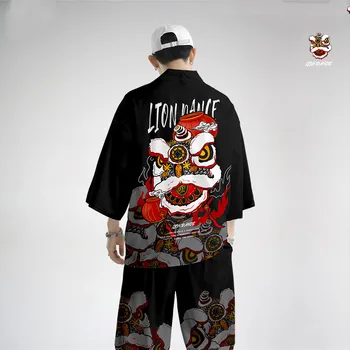 Lev Tanec Vytlačené Kimono Cardigan Mužov Japonské Tradičné Príležitostné Voľné Tenké Súbor Kabát a Nohavice Ázijské Oblečenie Harajuku