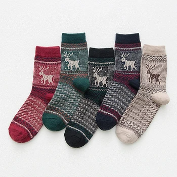 5Pairs/veľa Nových Witner Hrubé Teplé Vlny Ženy Ponožky Snehu Vzor Vintage Vianočné Ponožky Farebné Ponožky Darček Zdarma veľkosť YM7014