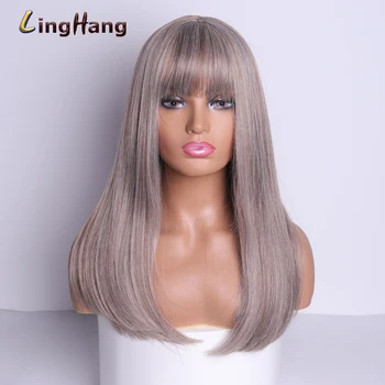 LingHang 18-palcové Dlho Syntetické Parochňa s Ofinou Tmavé Root Ombre Farba Prírodná Nadpis Tepelne Odolné Vlasy, Parochne pre Ženy