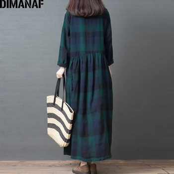 DIMANAF Plus Veľkosť Ženy Šaty s Dlhým Rukávom 2019 Jesenné Vinobranie Elegantné Veľká Veľkosť Bavlna Voľné Žena Vestidos Kockované Šaty Oblečenie