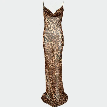 Sexy špagety popruh Leopard šaty žien lete maxi šaty backless šifón party šaty kórejský long beach šaty vestidos 2019