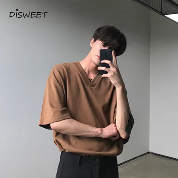 Pevné V-neck T-shirt Mužov kórejský Slim s Krátkym Rukávom Letné Tričká pánske