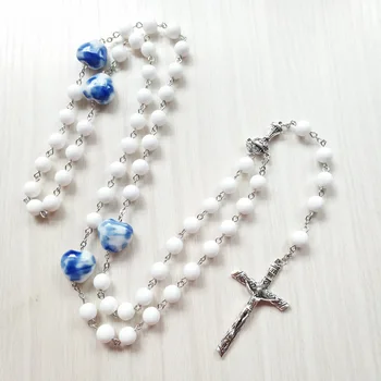 QIGO Biele Keramické Korálky Kríž Dlhý Ruženec Náhrdelník Náboženský Náhrdelník Prívesok Modlite sa, Šperky