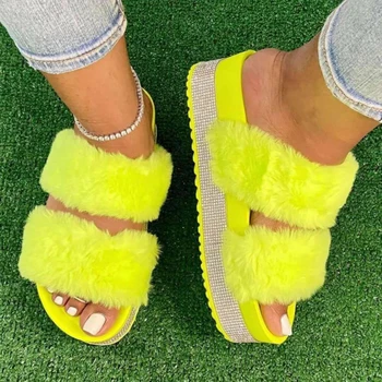 Ženy Kožušiny Papuče Drahokamu Platformu Ploché Päty Hrubé Jediným Svetlé Farby, Luxusné Celebrity Lete Listov Sandále Dámske Topánky
