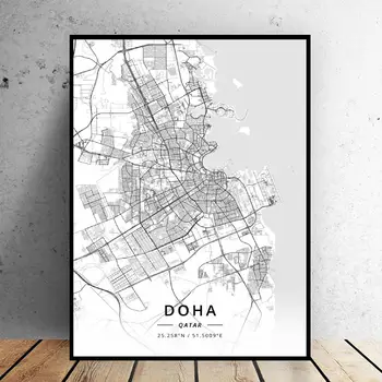 Čierna a Biela Doha Qatar Zemepis. Dĺžka / šírka Plátno Umenia, Mapu, Plagát