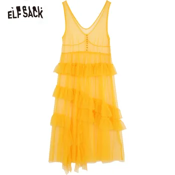ELFSACK Oka Vintage tvaru Tlačidlo Ženy Šaty Bežné Prehrabať Výbava Plážové Šaty Žena Dlhé Šaty Pevné Sladké Čipky Oblečenie