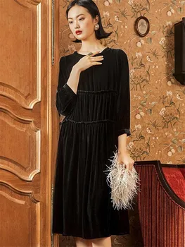 Ženy 2020 Jeseň Midi Skladaný Zamatové Šaty Voľné Bežné Elegantné Vintage Šaty Plus Veľkosť Módne Vestidos M-6XL 7XL 9 Farieb