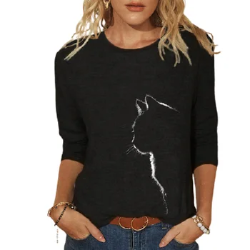 Ženy, Blúzky, Top Mačka Naháňa Mesiac Tlač tričko Plus Veľkosť 5XL Bežné Čierne tričká Dlhý Rukáv Legrační Karikatúra Tees 2021